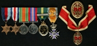 Douglas Glover : (L to R) 1939-45 Star; France and Germany Star; 1939-45 Defence Medal; 1939-45 War Medal; Efficiency Decoration; Dutch Officier in de Orde van Oranje-Nassau met de Zwaarden; Knight Bachelor's Breast Badge (top); Knight Bachelor's Neck Badge (on ribbon)